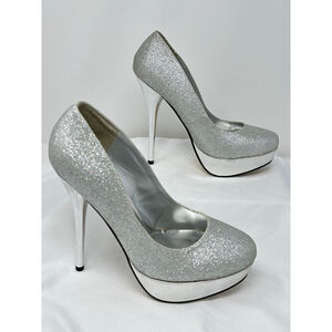 Lasonia Silver Glitter Platform Heels Sz 10 5.5” Metallic Party Shoes